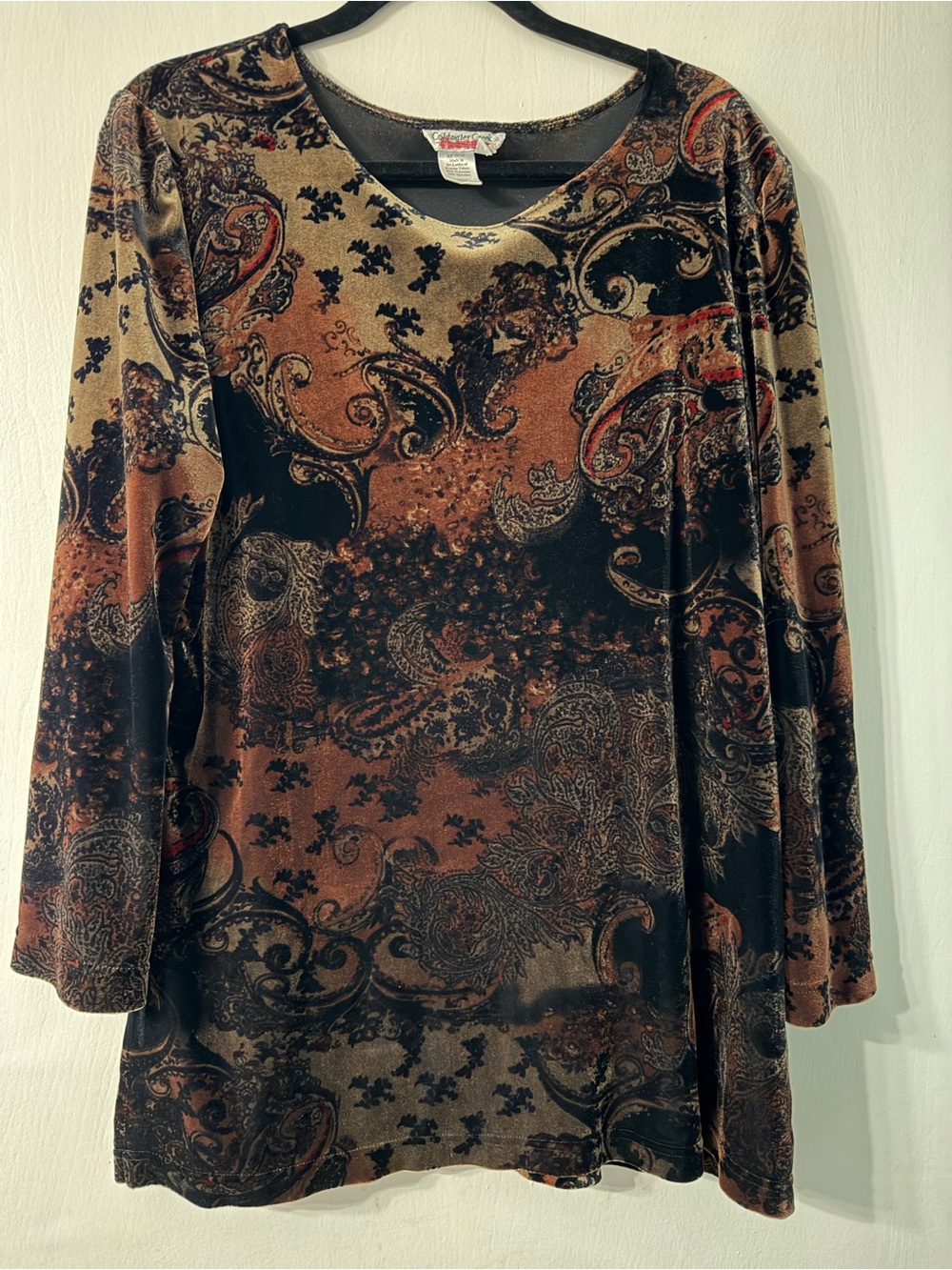 Vintage Coldwater Creek Paisley Velvet Long-Bell Sleeve Dress Rust, & Black Sz L